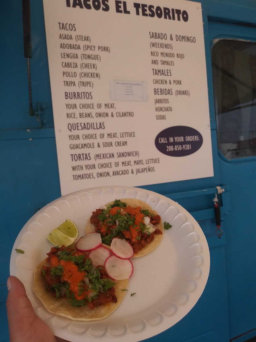 Tacos El Tesorito Taco Truck menu board