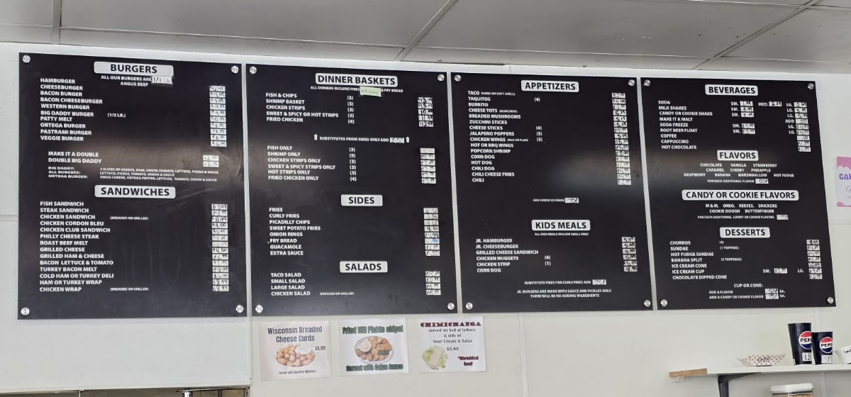 J & J Fast Food Restaurant menu board