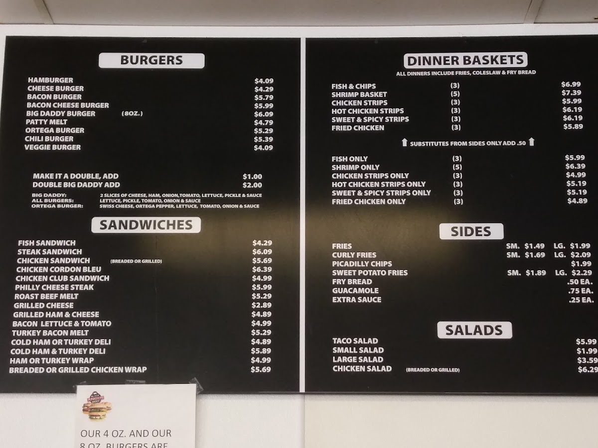 J & J Fast Food Restaurant menu board