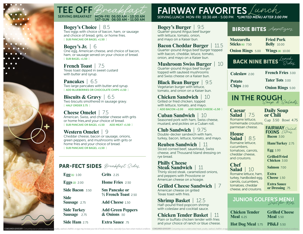 Bogey's 19th Hole Restaurant and Bar menu board