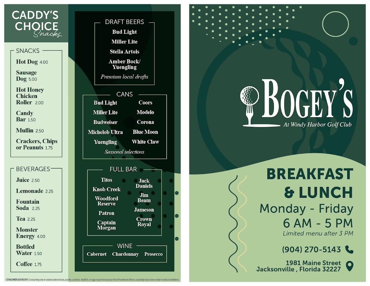 Bogey's 19th Hole Restaurant and Bar menu board