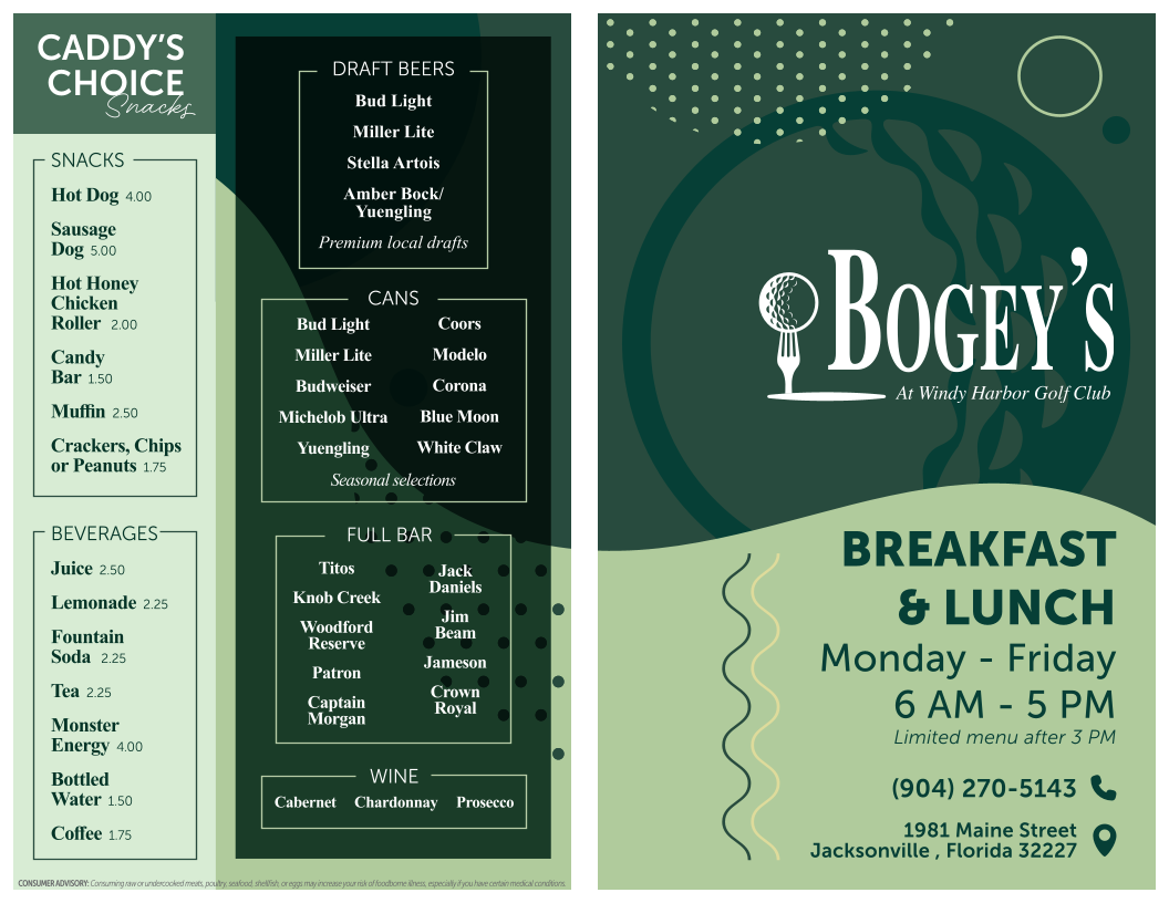 Bogey's 19th Hole Restaurant and Bar menu board