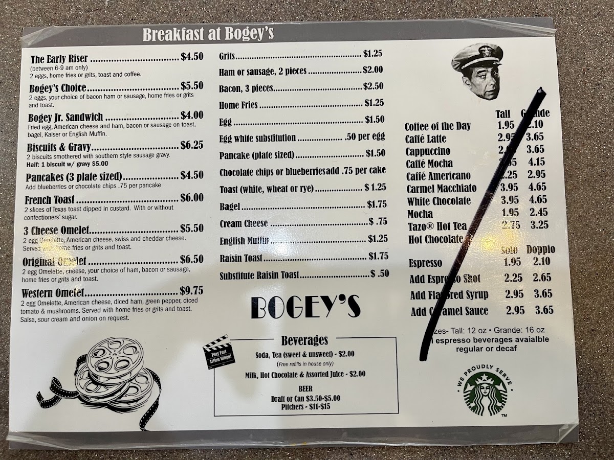 Bogey's 19th Hole Restaurant and Bar menu board