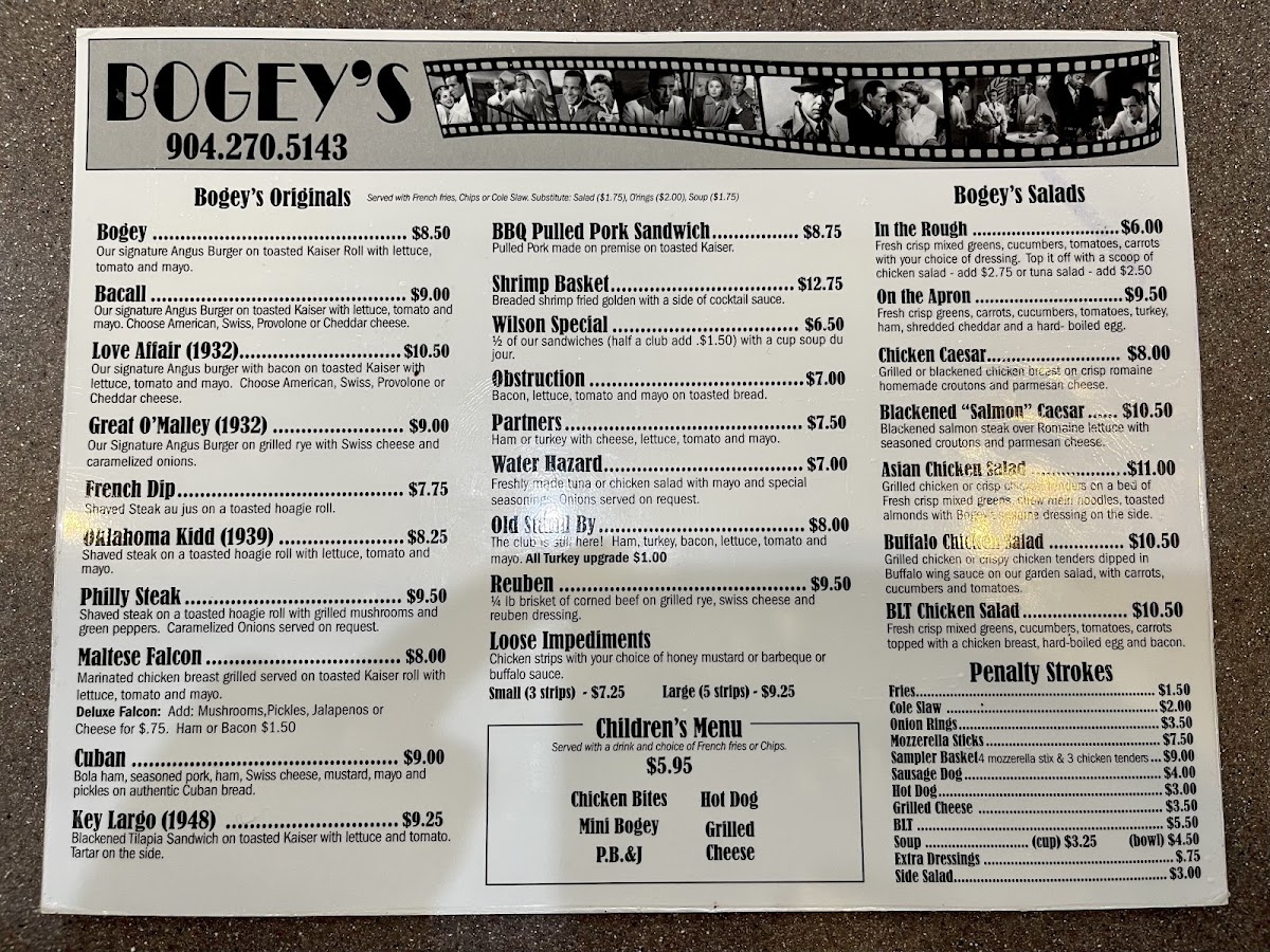 Bogey's 19th Hole Restaurant and Bar menu board