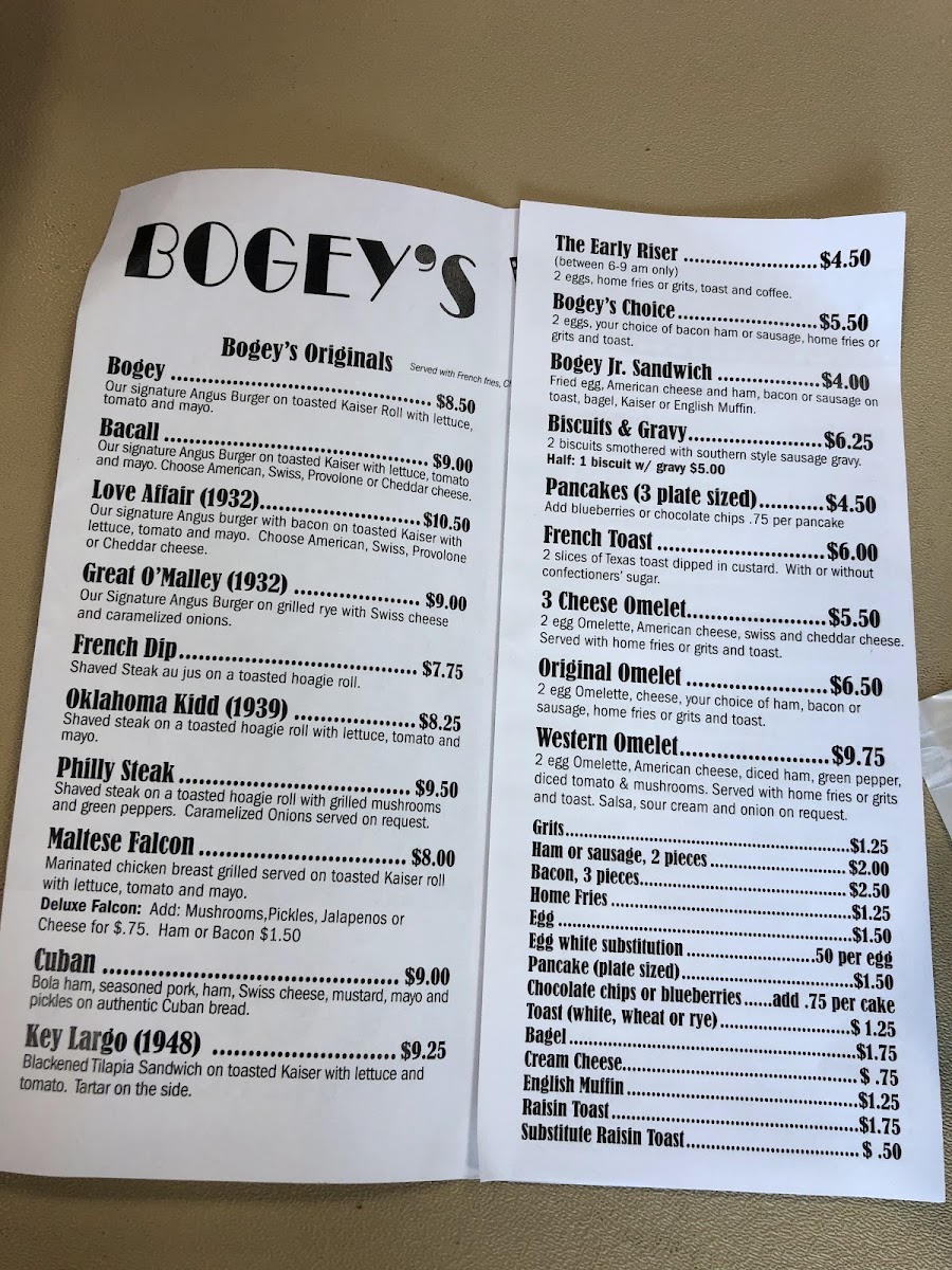 Bogey's 19th Hole Restaurant and Bar menu board