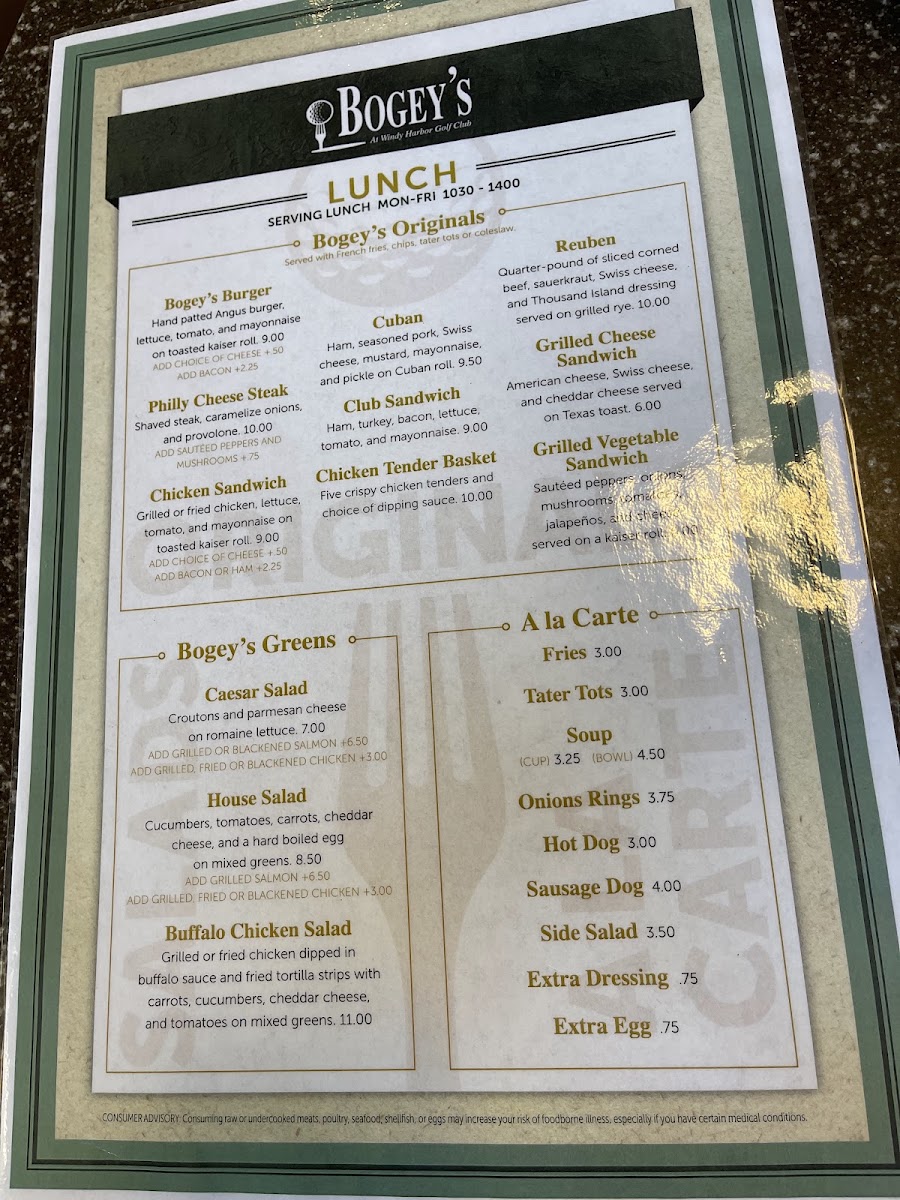 Bogey's 19th Hole Restaurant and Bar menu board