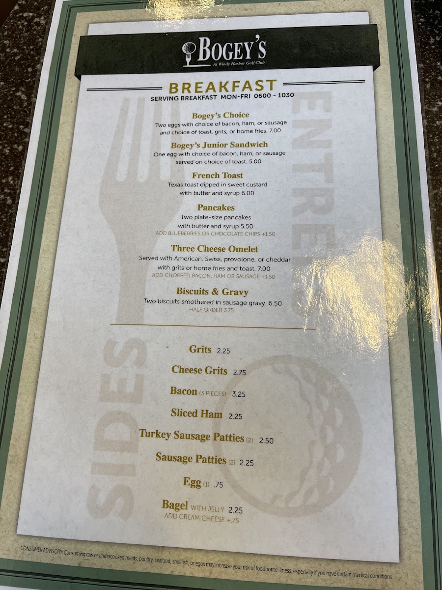 Bogey's 19th Hole Restaurant and Bar menu board
