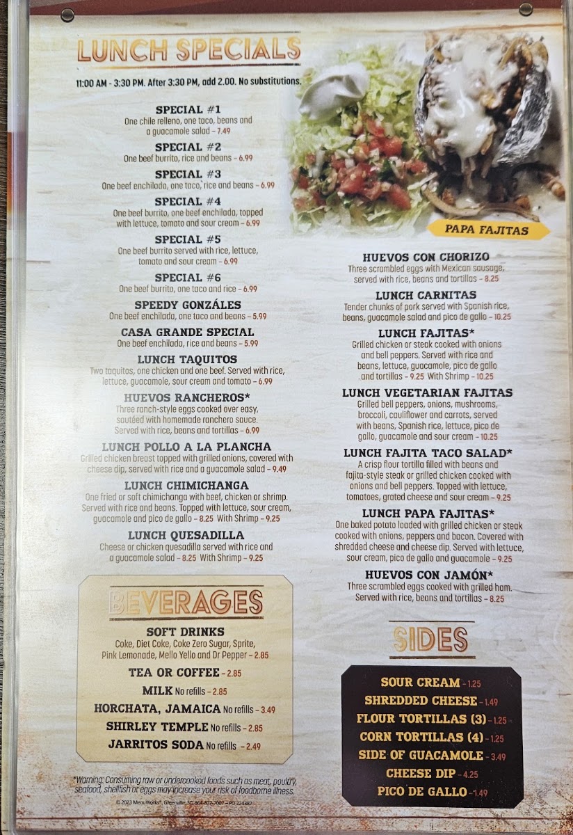 Casa Grande in Fairfield Glade menu board