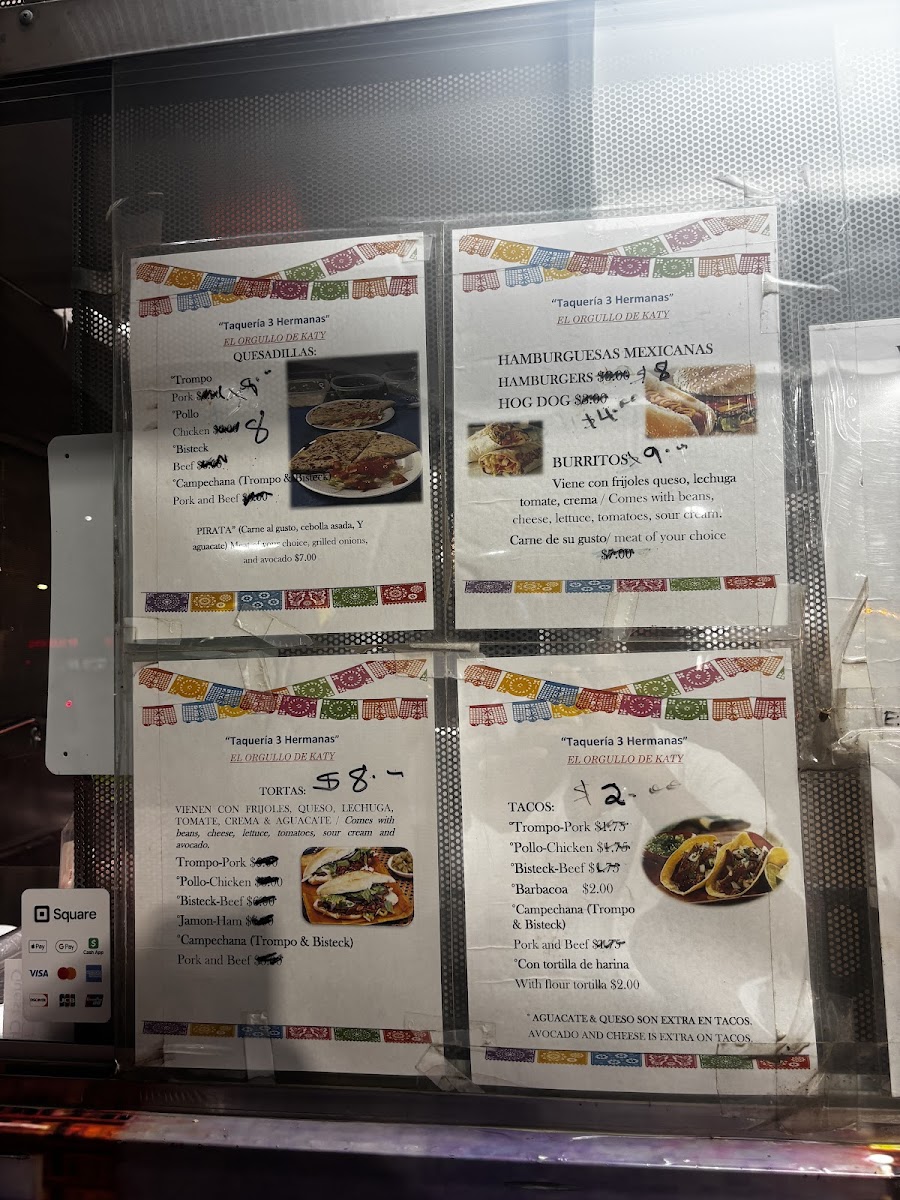 3 Hermanas Taqueria menu board