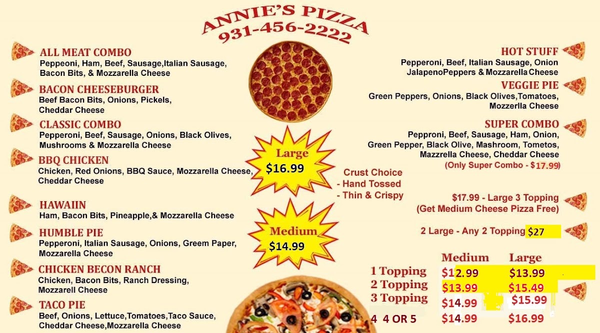 ANNIE’S PIZZA menu board