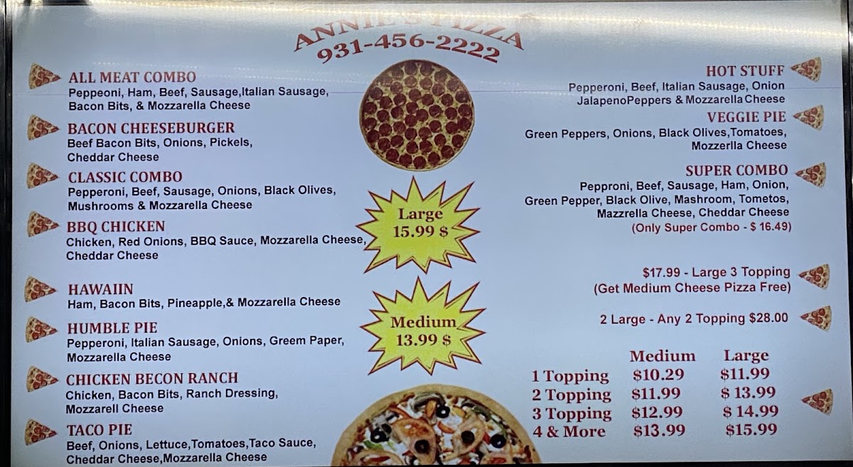 ANNIE’S PIZZA menu board