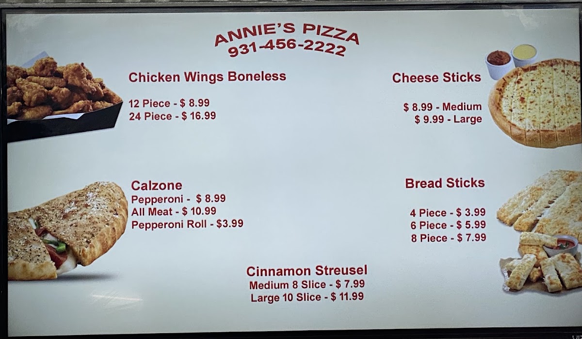 ANNIE’S PIZZA menu board