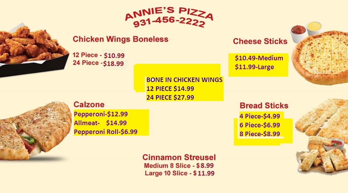 ANNIE’S PIZZA menu board