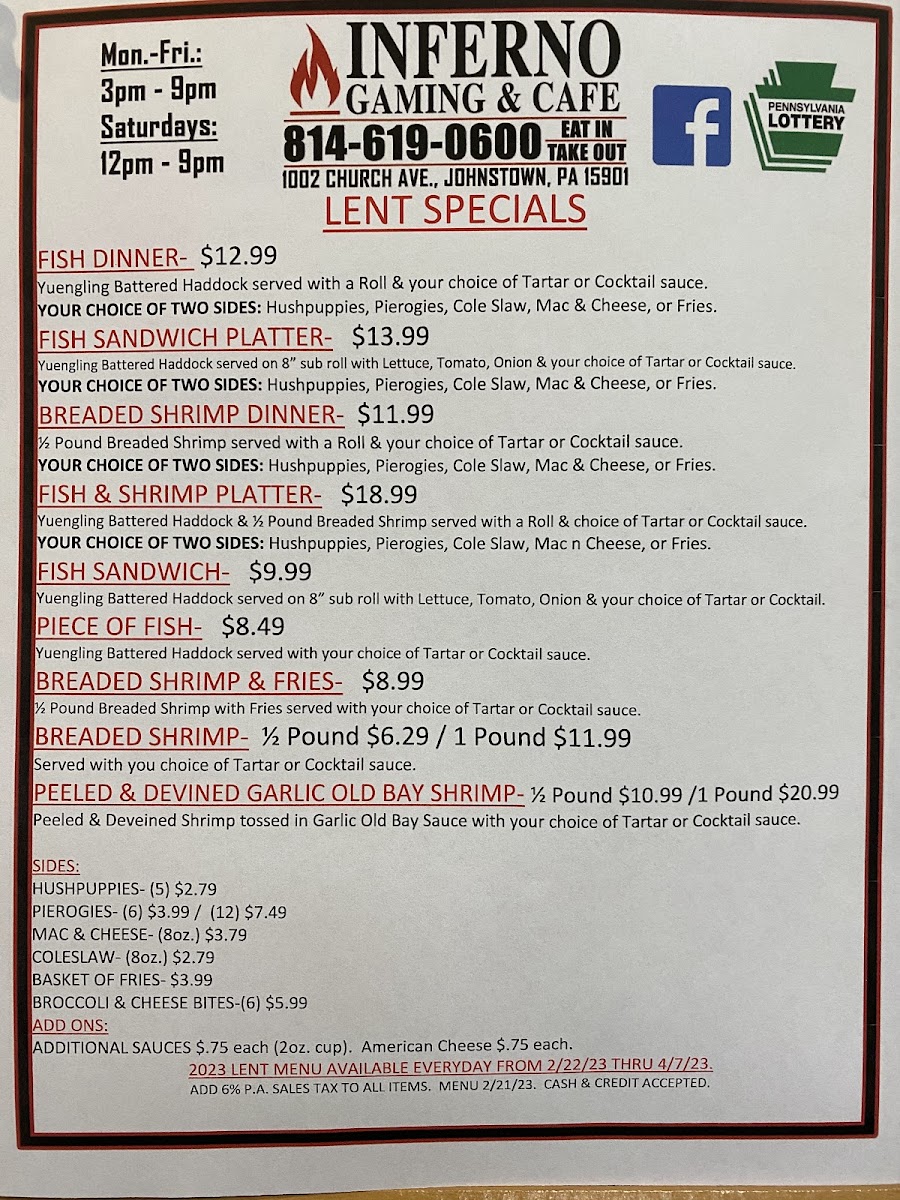 Inferno Gaming & cafe menu board
