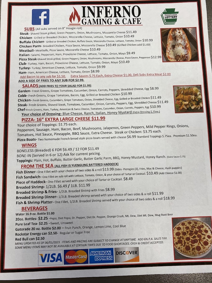 Inferno Gaming & cafe menu board