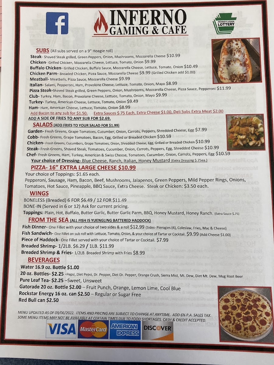 Inferno Gaming & cafe menu board