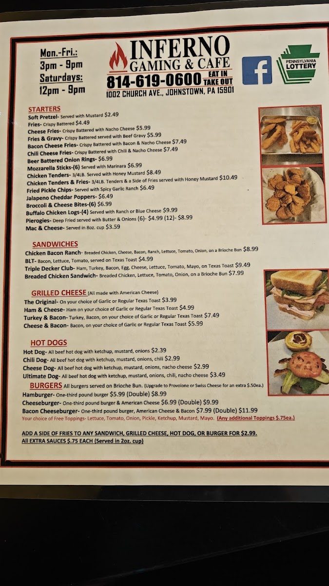 Inferno Gaming & cafe menu board