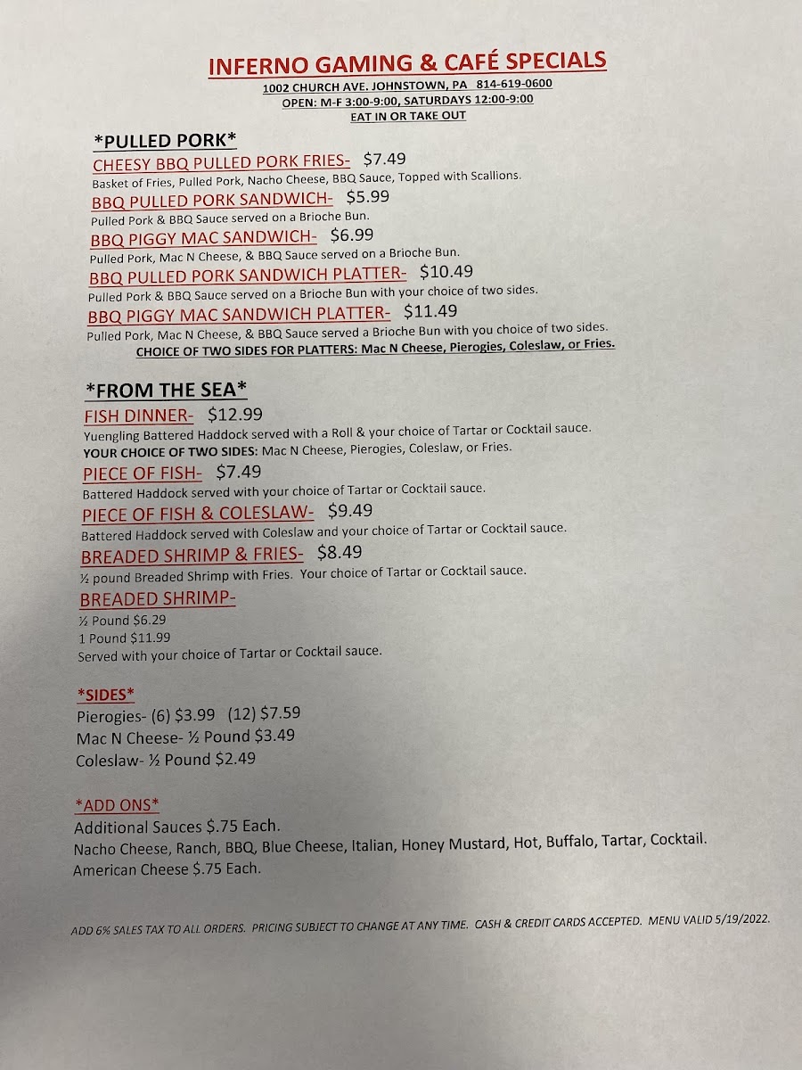 Inferno Gaming & cafe menu board