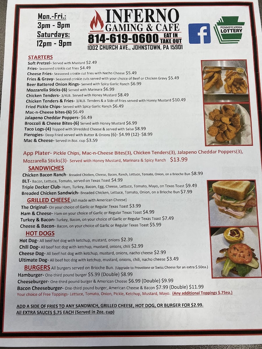 Inferno Gaming & cafe menu board