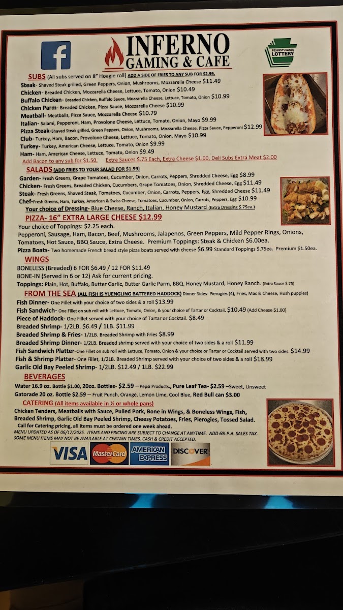 Inferno Gaming & cafe menu board