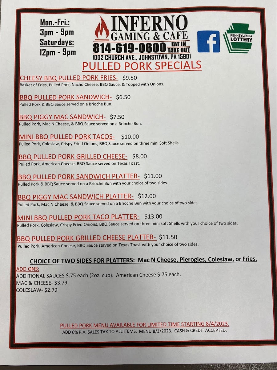 Inferno Gaming & cafe menu board