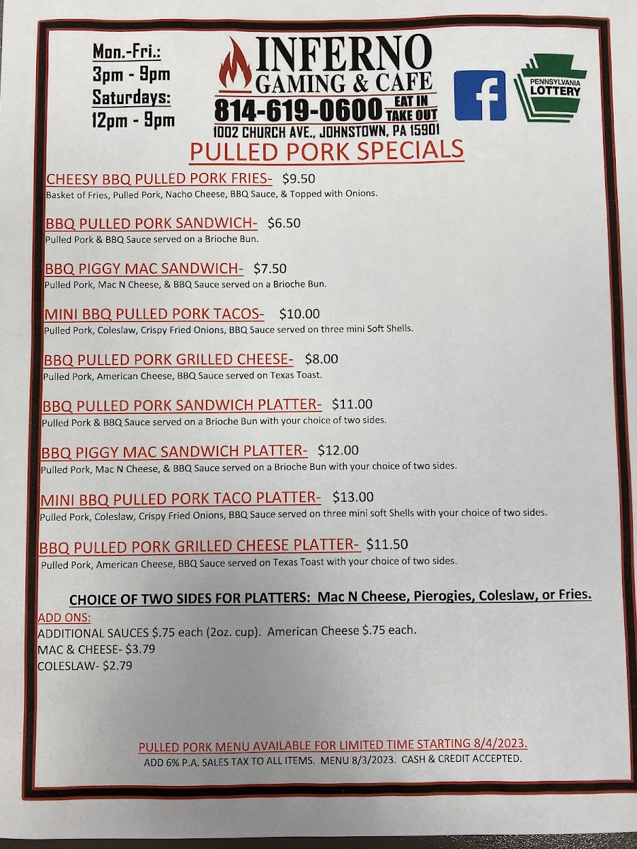 Inferno Gaming & cafe menu board