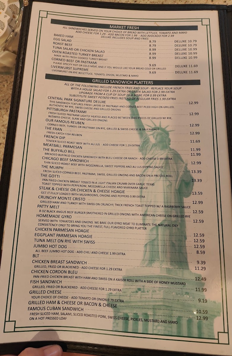Central Park Family Restaurant menu board