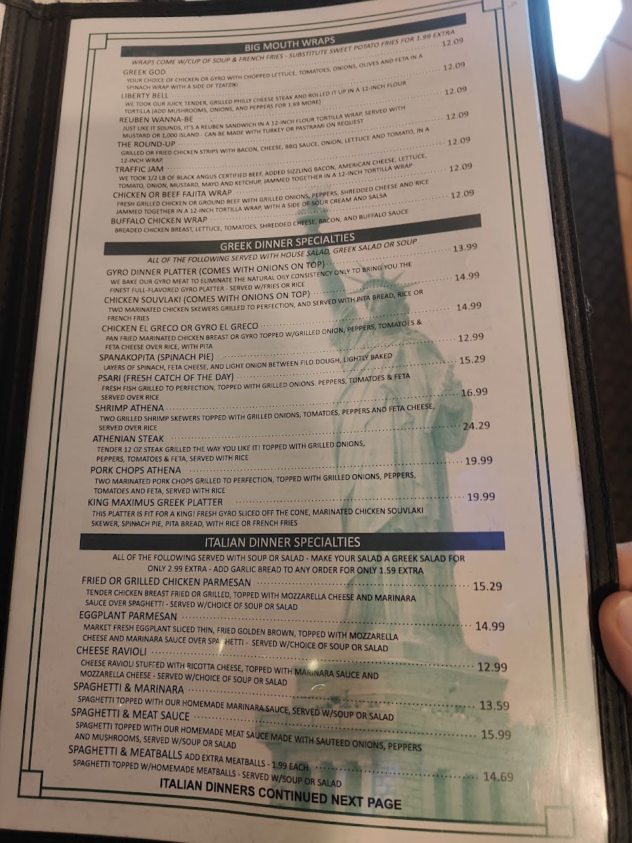 Central Park Family Restaurant menu board