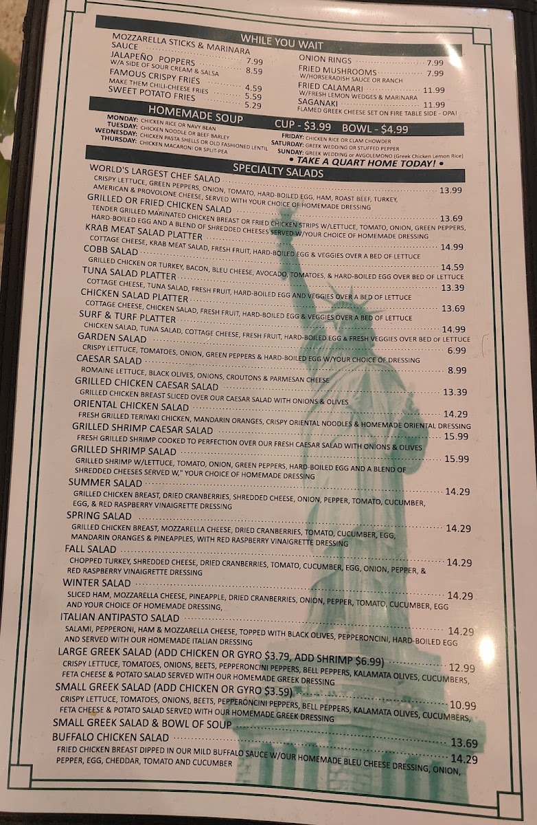 Central Park Family Restaurant menu board