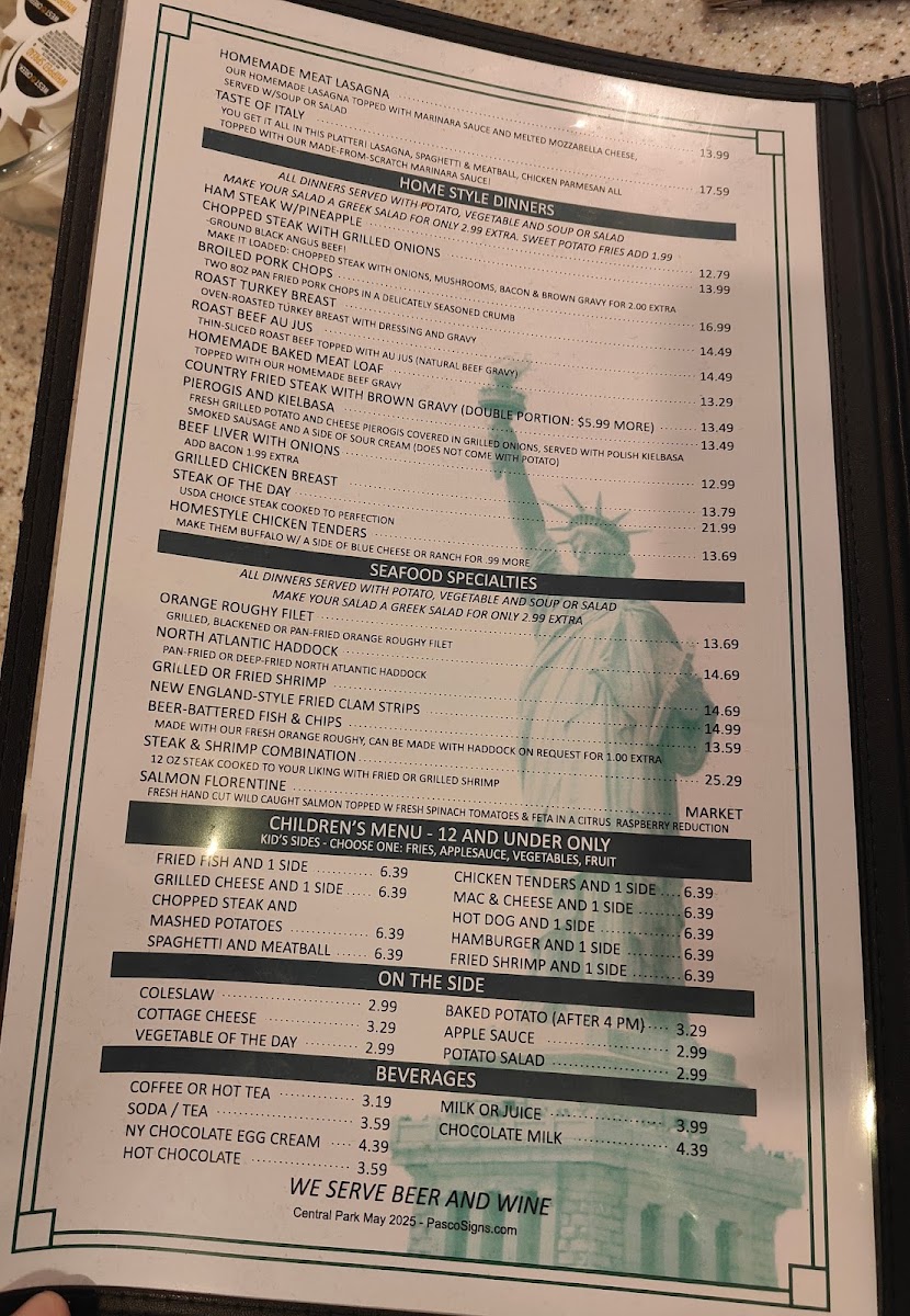 Central Park Family Restaurant menu board