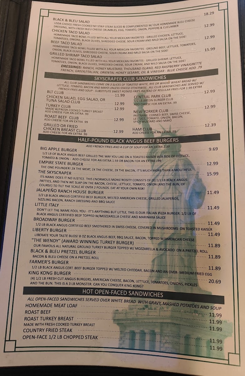 Central Park Family Restaurant menu board