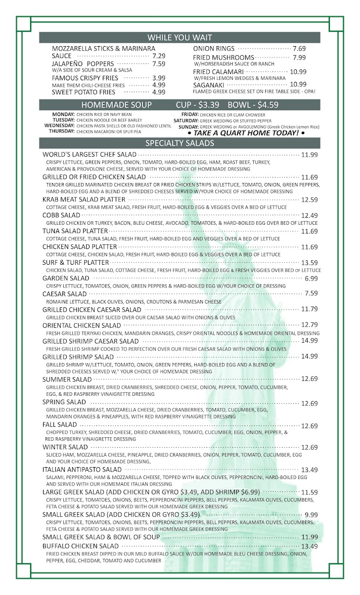 Central Park Family Restaurant menu board