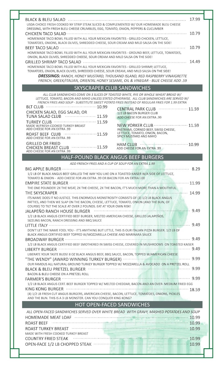 Central Park Family Restaurant menu board