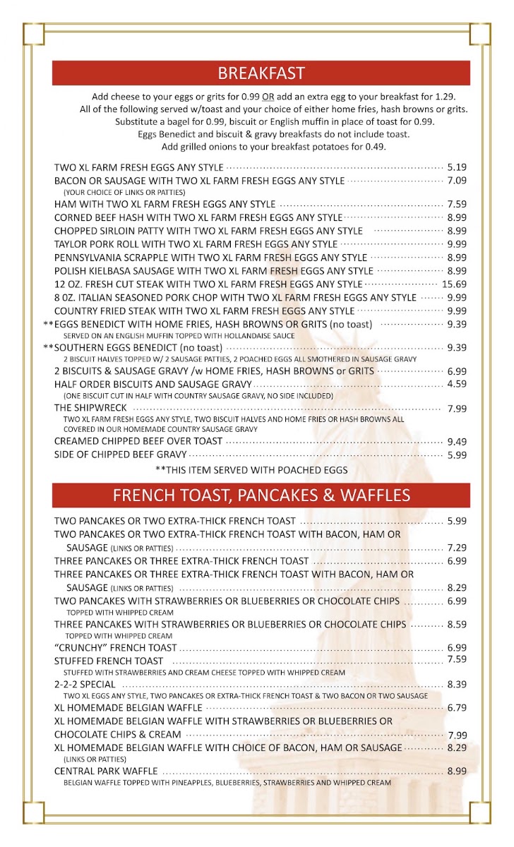 Central Park Family Restaurant menu board