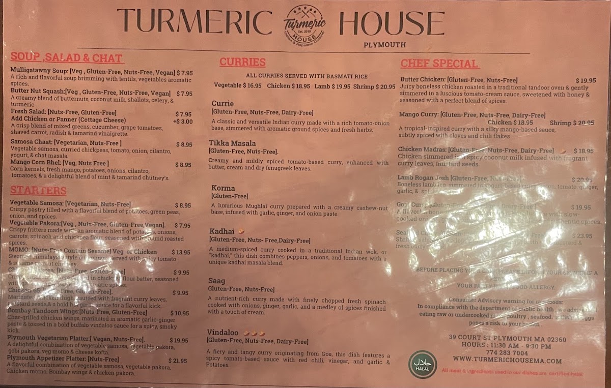 Turmeric House Plymouth menu board
