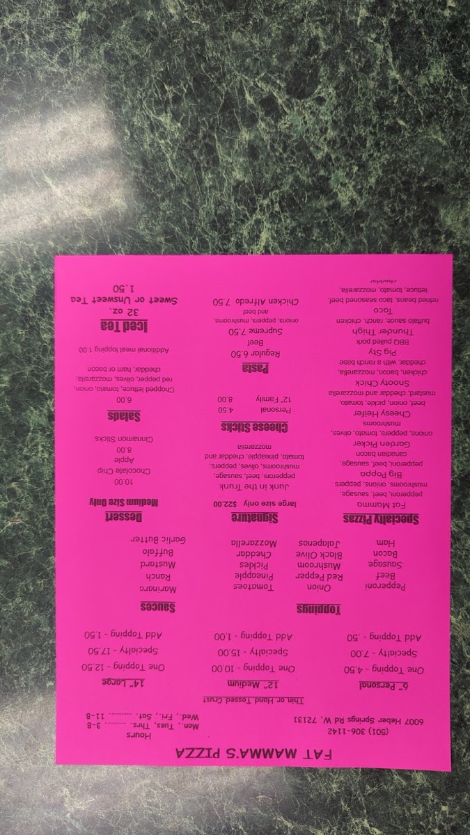 FAT Mamma's Pizza menu board