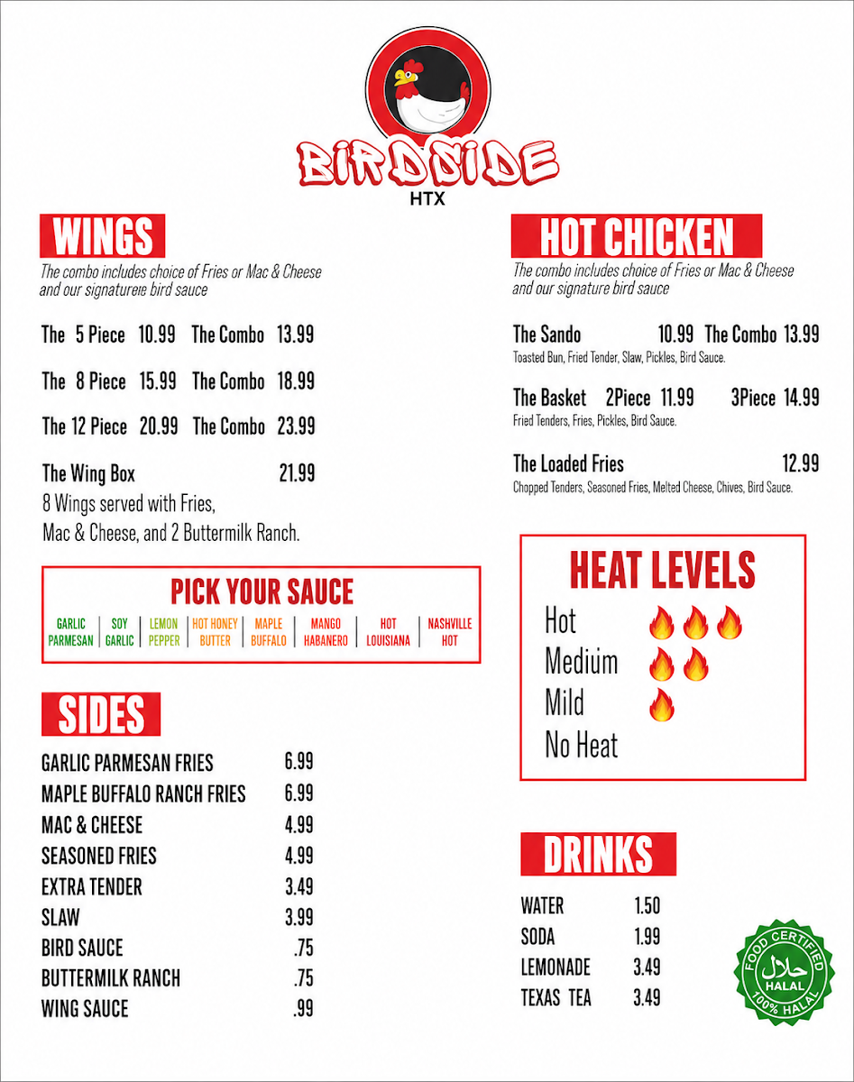 Birdside HTX menu board