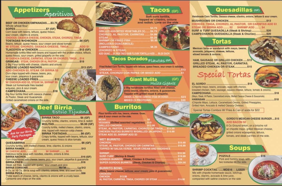 Tacos El Gordo menu board