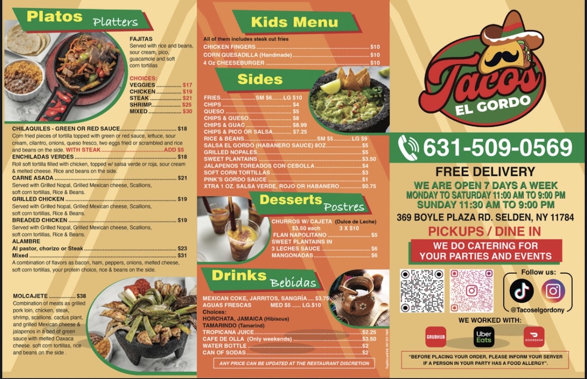 Tacos El Gordo menu board