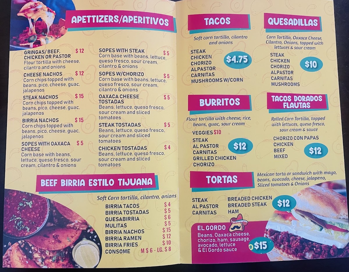 Tacos El Gordo menu board