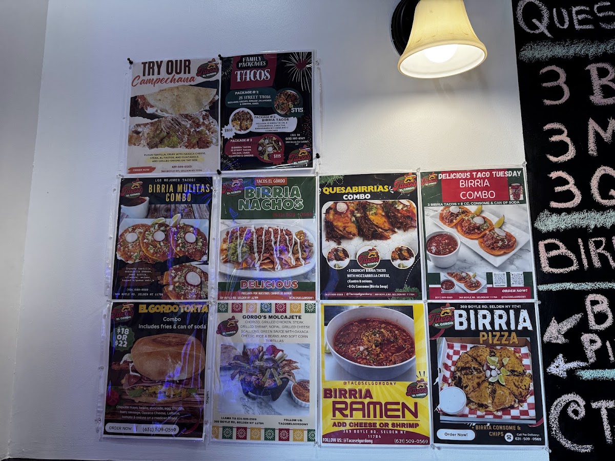 Tacos El Gordo menu board