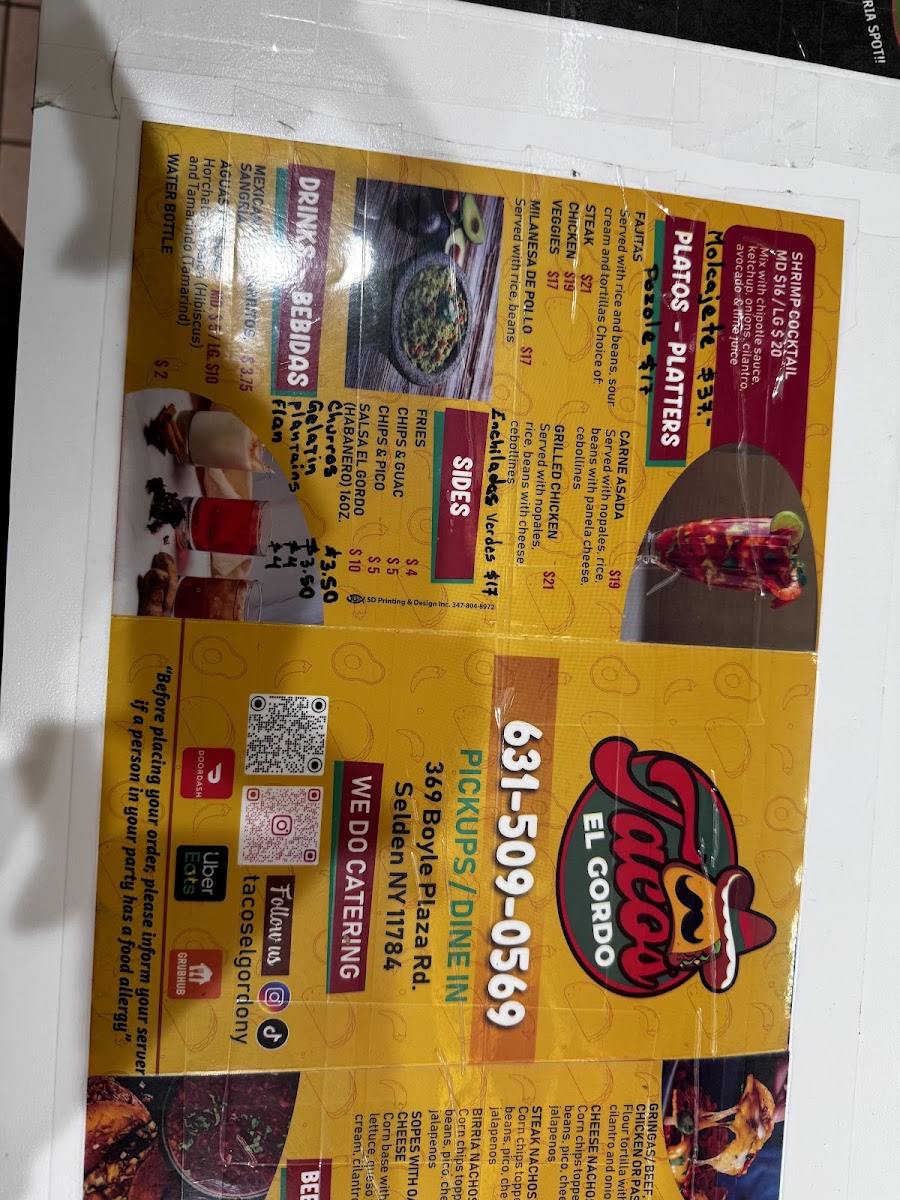 Tacos El Gordo menu board