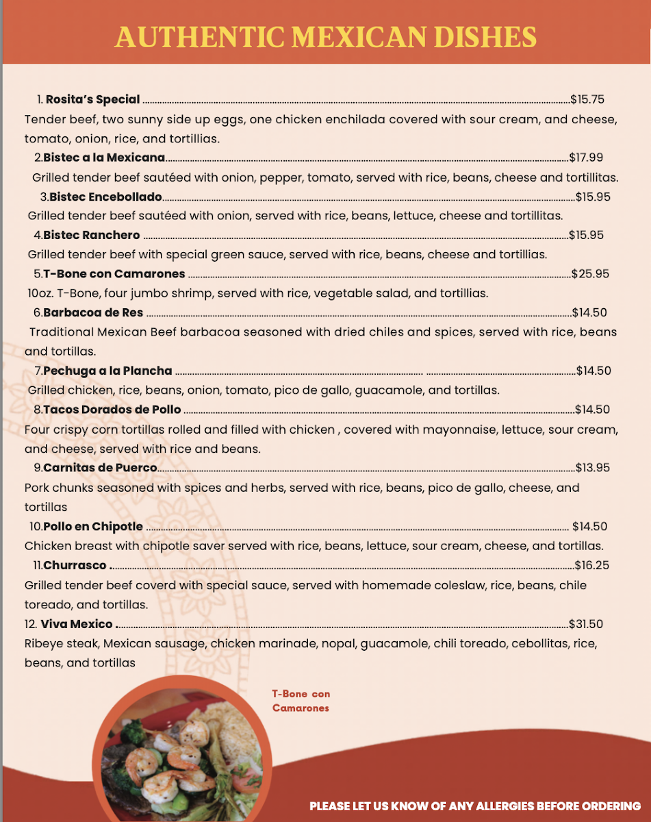 Rosita's Taqueria Y Restaurant 2 menu board