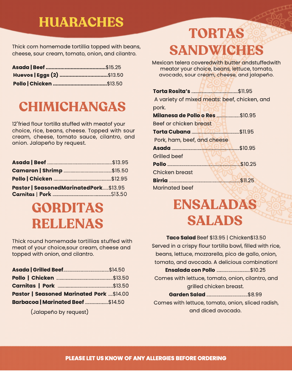 Rosita's Taqueria Y Restaurant 2 menu board