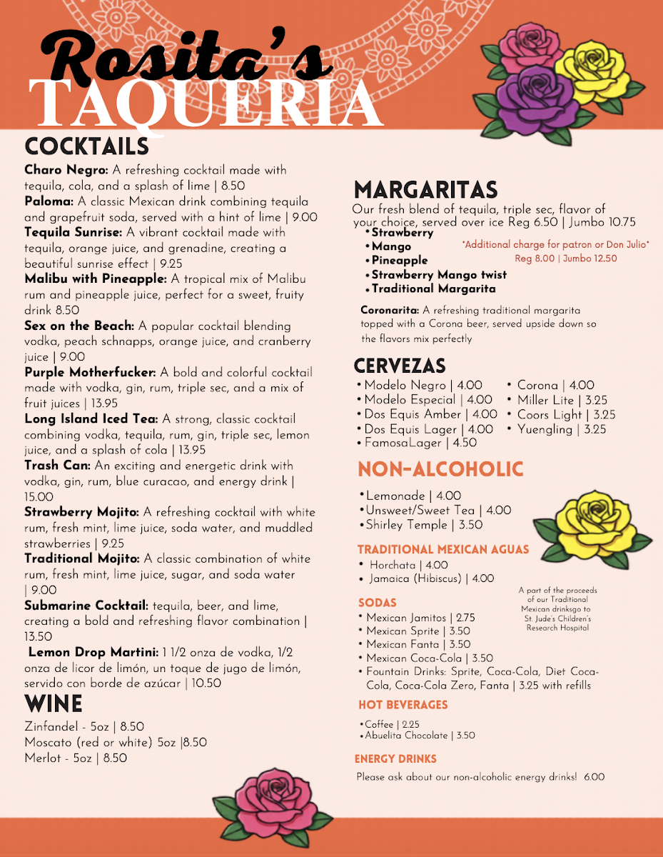 Rosita's Taqueria Y Restaurant 2 menu board