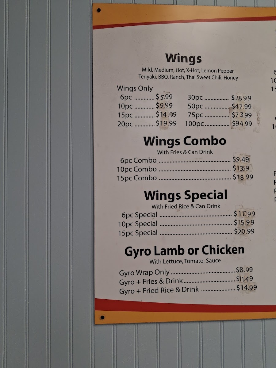 King of Wings menu board
