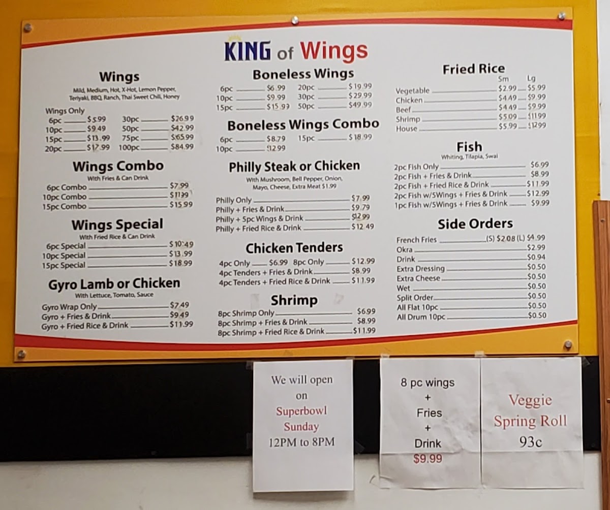 King of Wings menu board