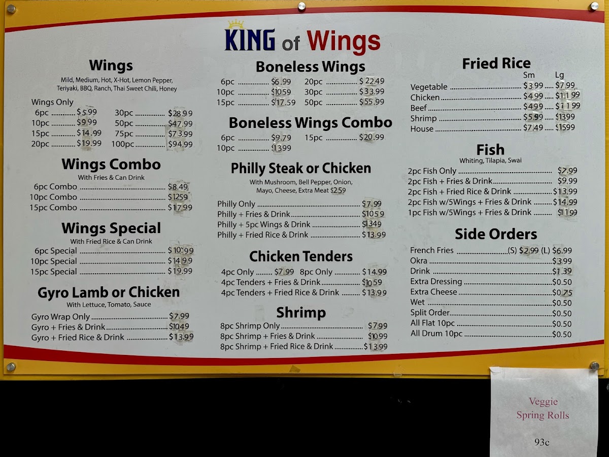 King of Wings menu board