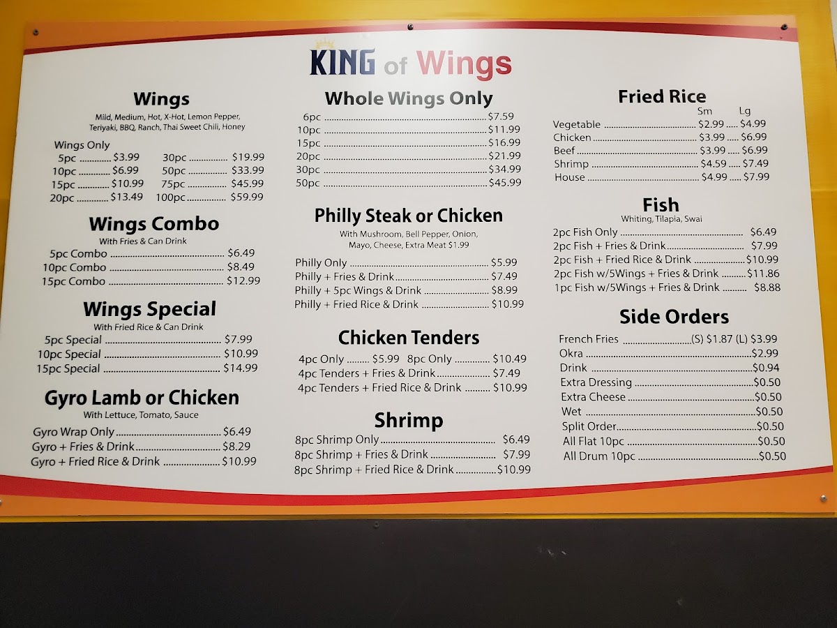 King of Wings menu board