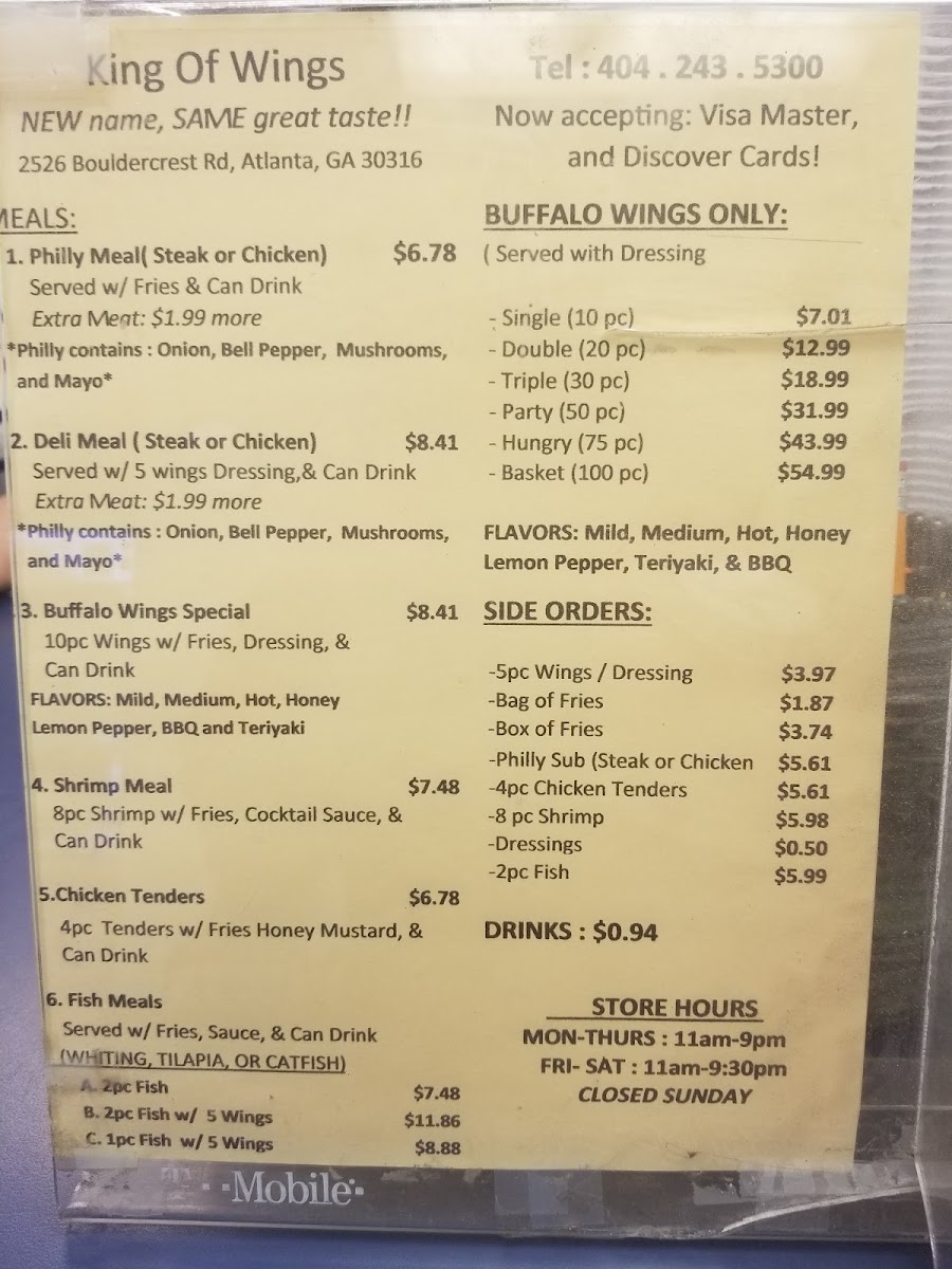 King of Wings menu board